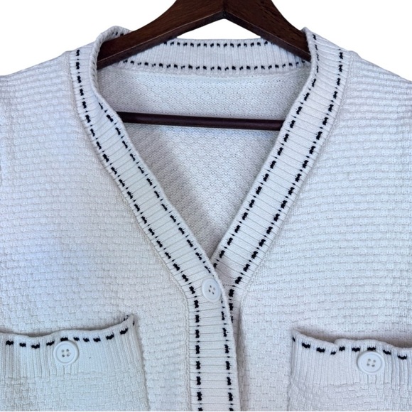 Textured White with Black Stitching Detail, V-Neck Button Up Woman’s Sweater - Picture 5 of 11